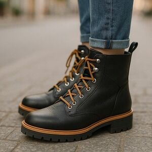 Indigo Rd. Black Lace Up+Side Zip Lug Sole Ankle Boots Women's Size 8M Rugged